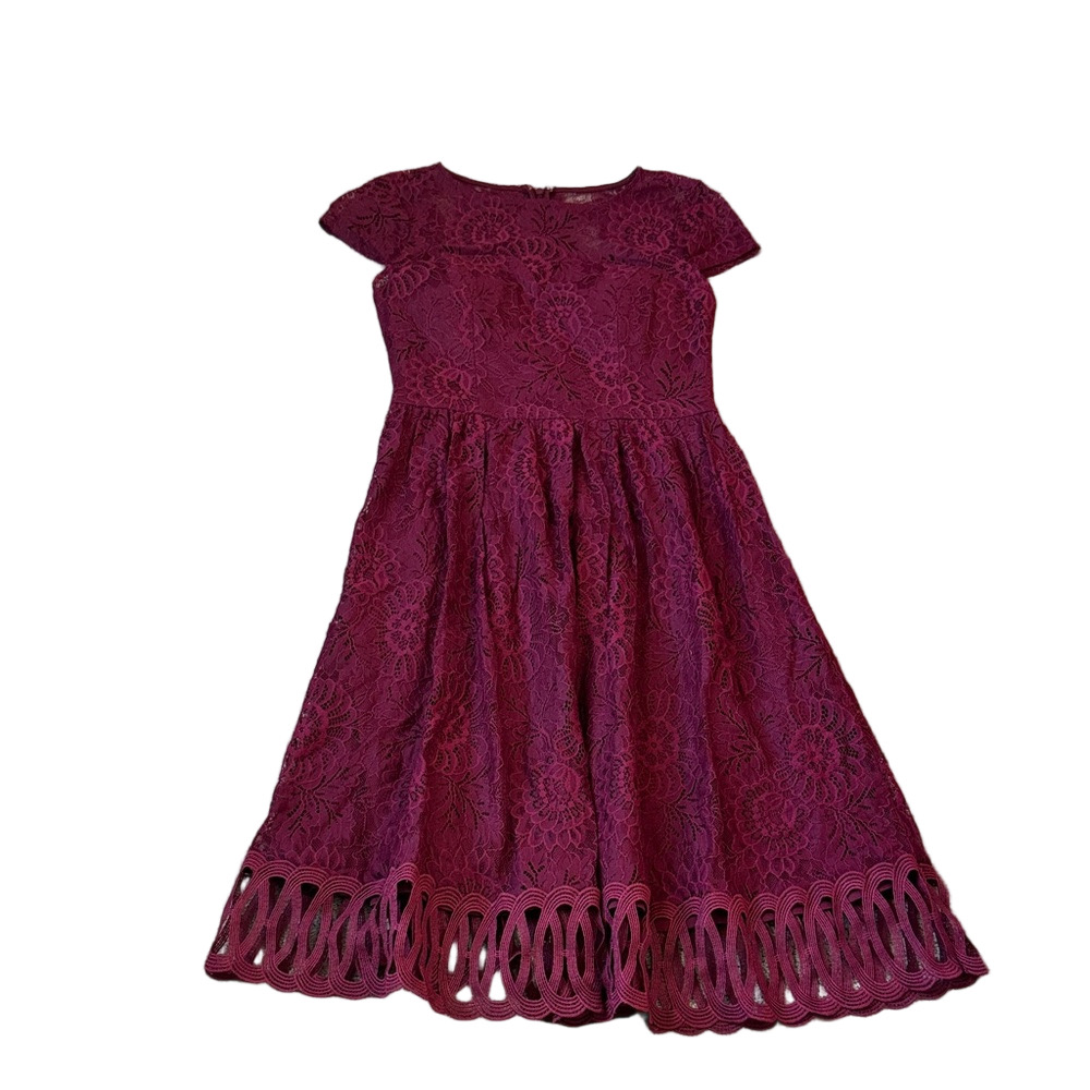 Kensie Burgundy Floral Lace Fit & Flare Dress Scalloped Hem SIZE 2